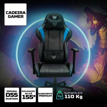 Cadeira Gamer Predator reclinável com acabamento premium e espuma de alta densidade