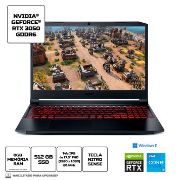 ULTIMAS UNIDADES - Notebook Gamer Acer Nitro 5 AN517-54-51RQ Intel Core i5 Windows 11 Home 8GB 512GB SSD RTX 3050 17.3'