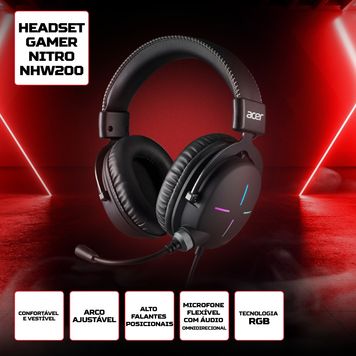 Headset Gamer Nitro NHW200 Gen 2 desing over-ear RGB com Microfone omnidirecional