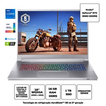 Notebook Acer Predator Triton PT316-51S-78V9 i7 12ª Windows 11 Home RTX3060 16GB 1TB SSD 16” WQXGA
