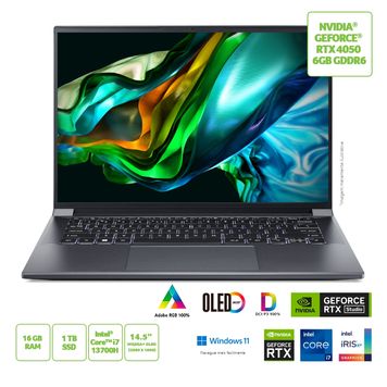 Notebook Acer Swift X SFX14-71G-70SK Ultrafino Ci7 13ª Windows 11 Home 16GB 1TB RTX 4050 14.5” OLED