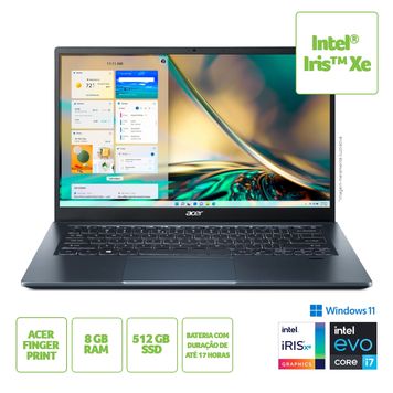 Notebook Acer Swift 3 SF314-511-713H EVO Ultrafino Intel i7 Windows 11 Home 8GB 512GB SSD 14" FHD