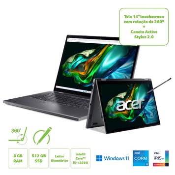 Notebook 2 em 1 Acer Aspire 5 Spin Touch Ultrafino i5 13°Gen Windows 11 Home 8GB 512GB SSD 14" WUXGA