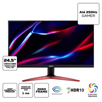 Monitor Gamer Acer Nitro 24,5” Zeroframe LED VA FHD 250Hz 1ms VRB HDR10 2xHDMI 1xDP KG251Q Zbiip